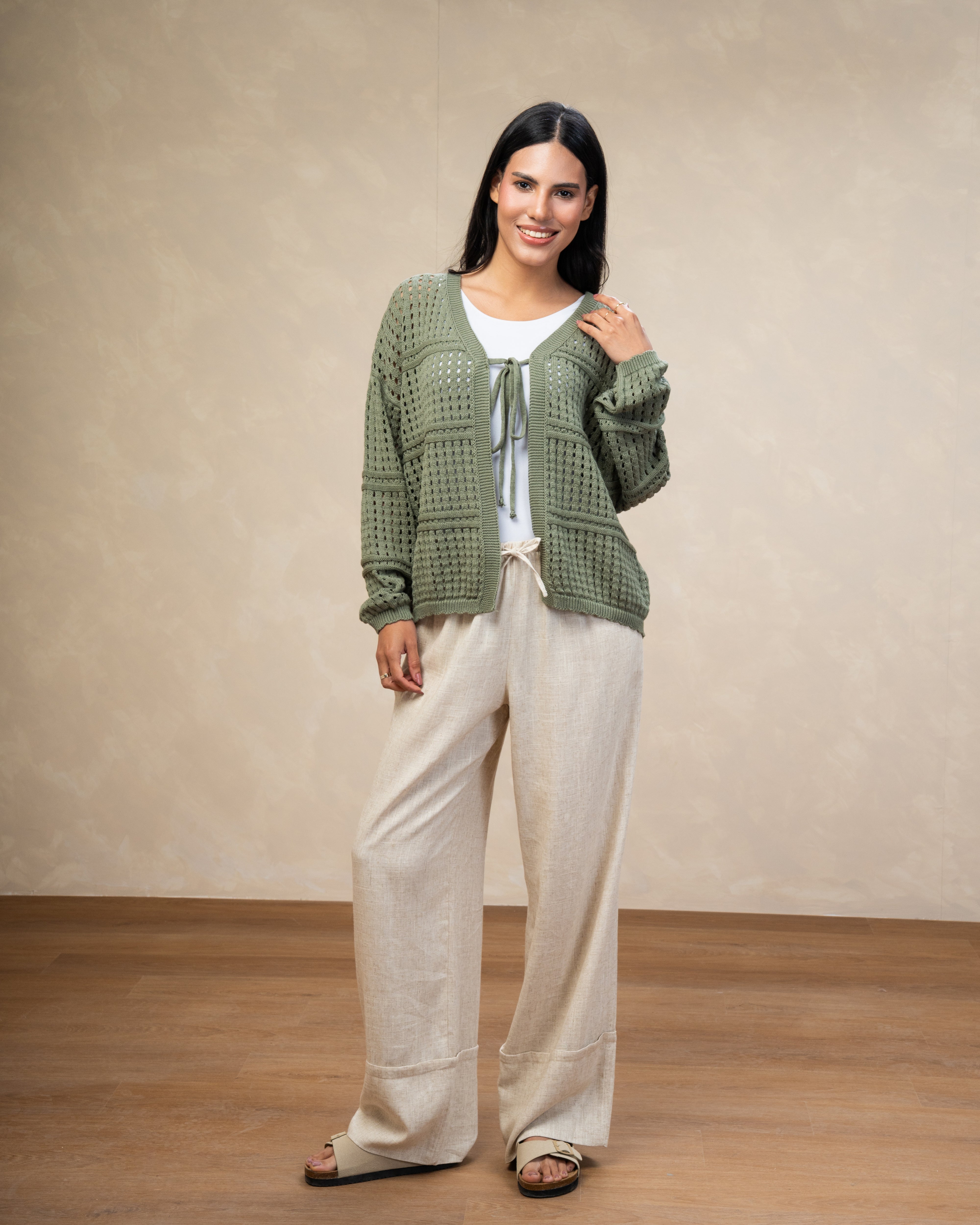 Open Knitwear Cardigan - With Square Pattern And Tie