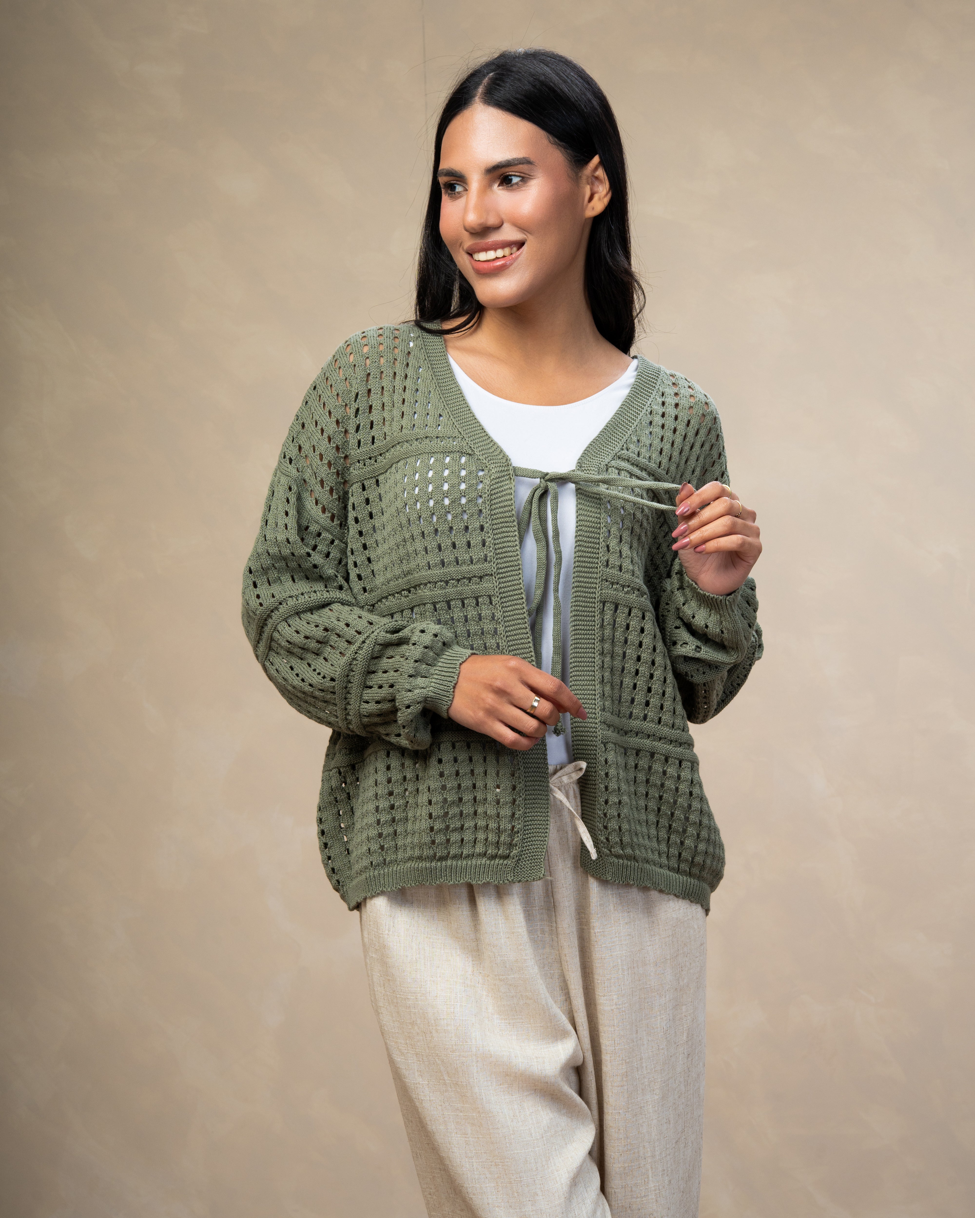 Open Knitwear Cardigan - With Square Pattern And Tie
