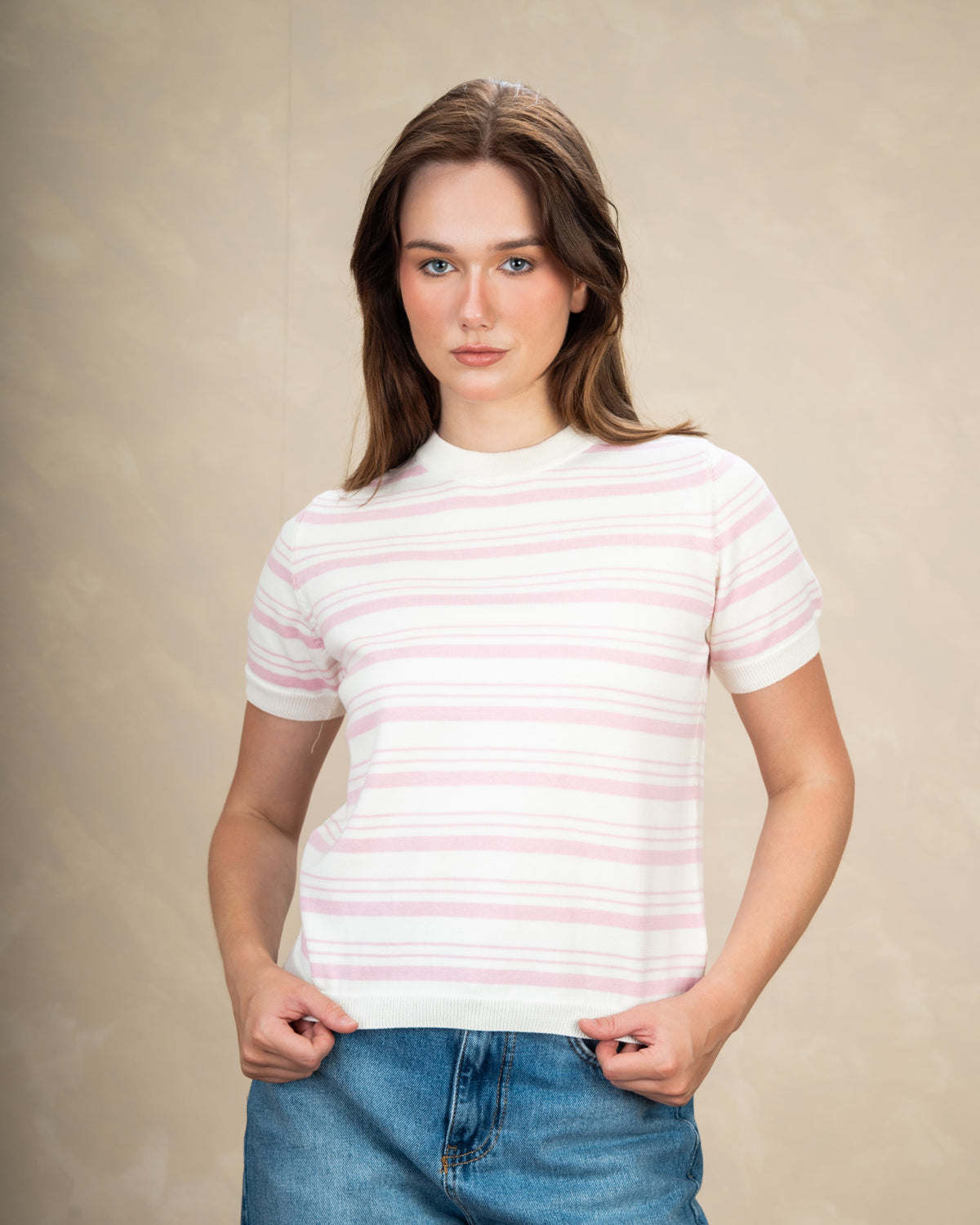 Basic Round Neck Top With Patterned Stripes