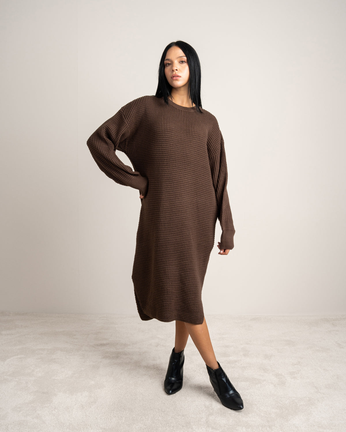 Plain Knitwear Dress - With Side Slits