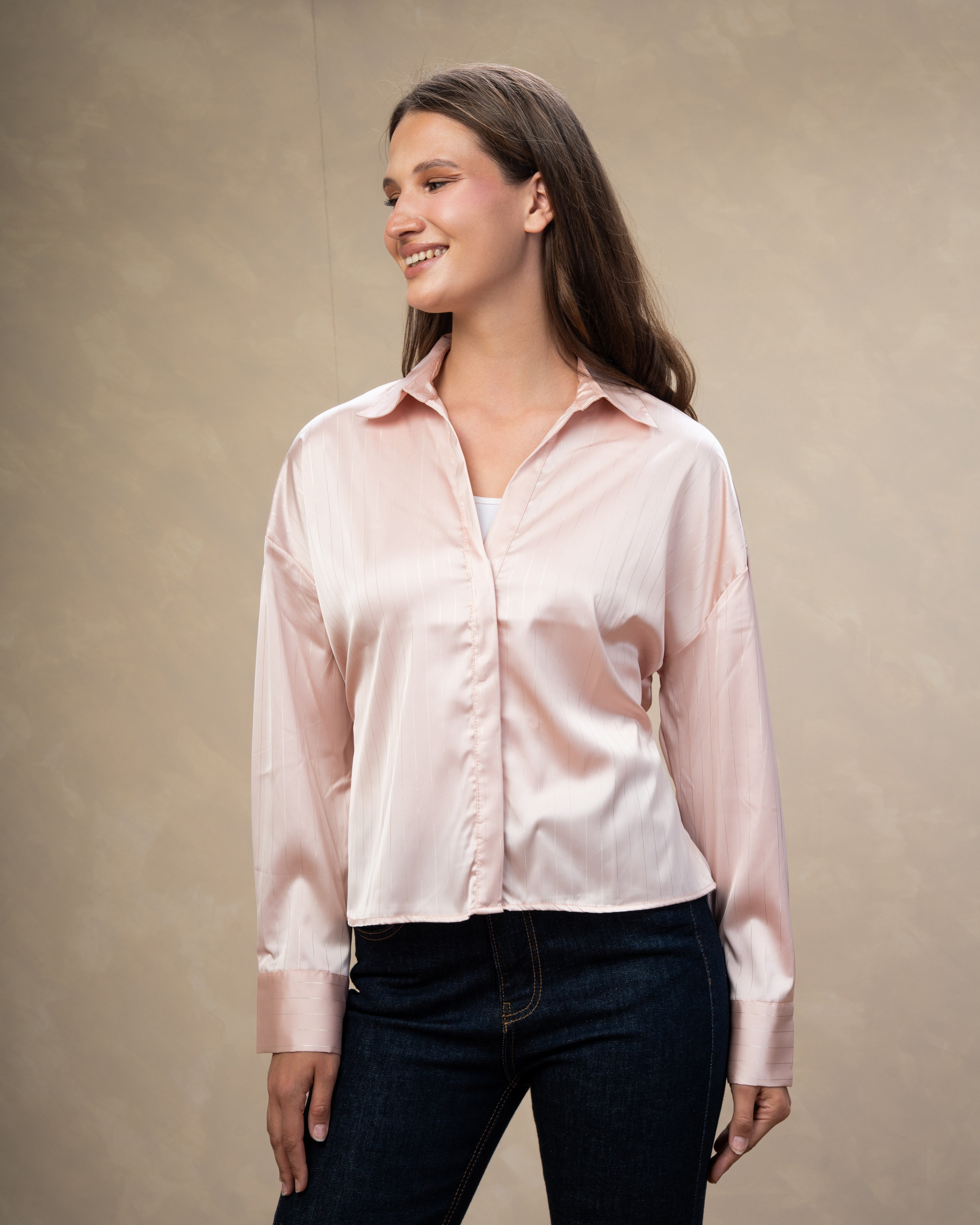 Short Striped Satin Shirt With - Double Button Sleeves