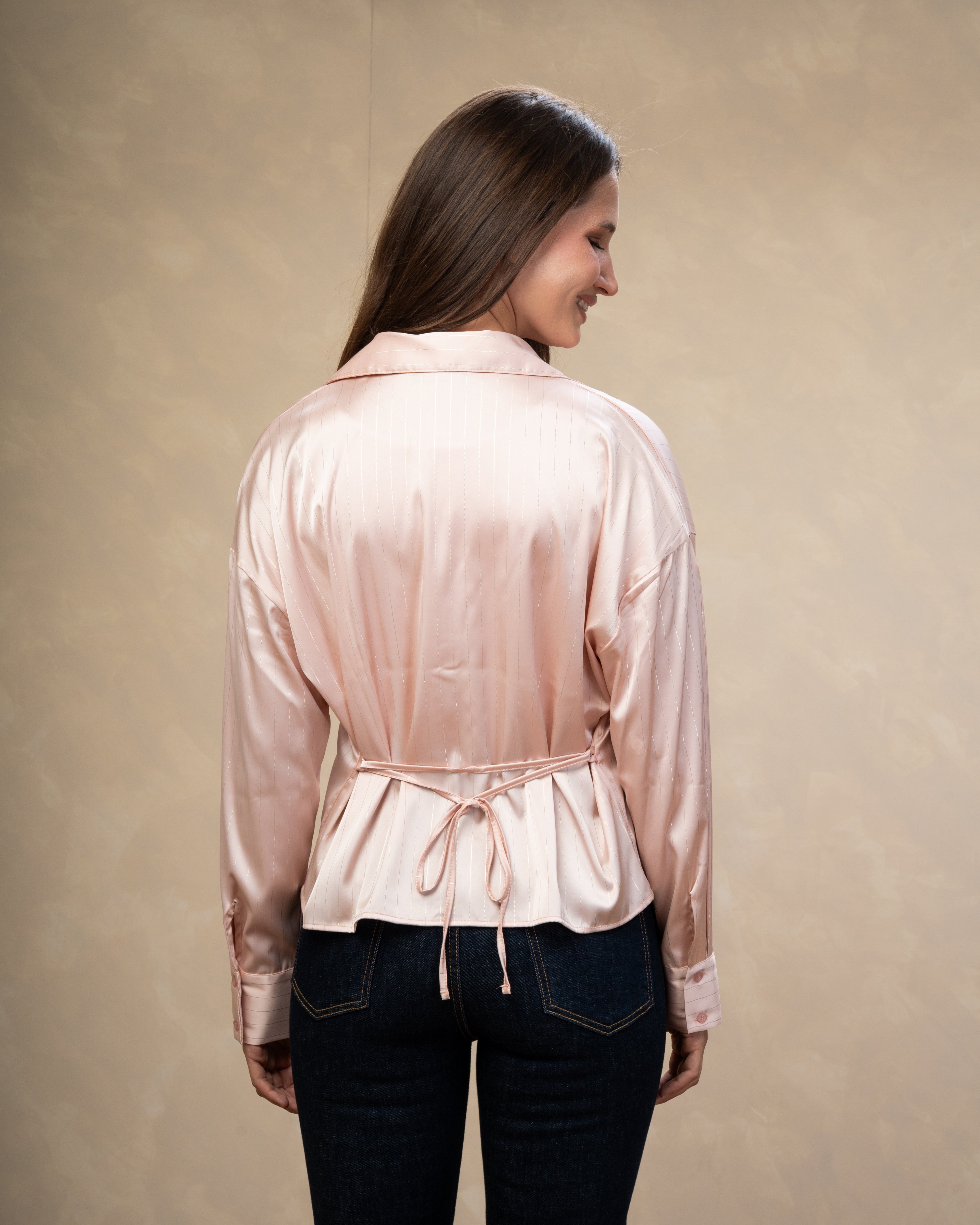 Short Striped Satin Shirt With - Double Button Sleeves