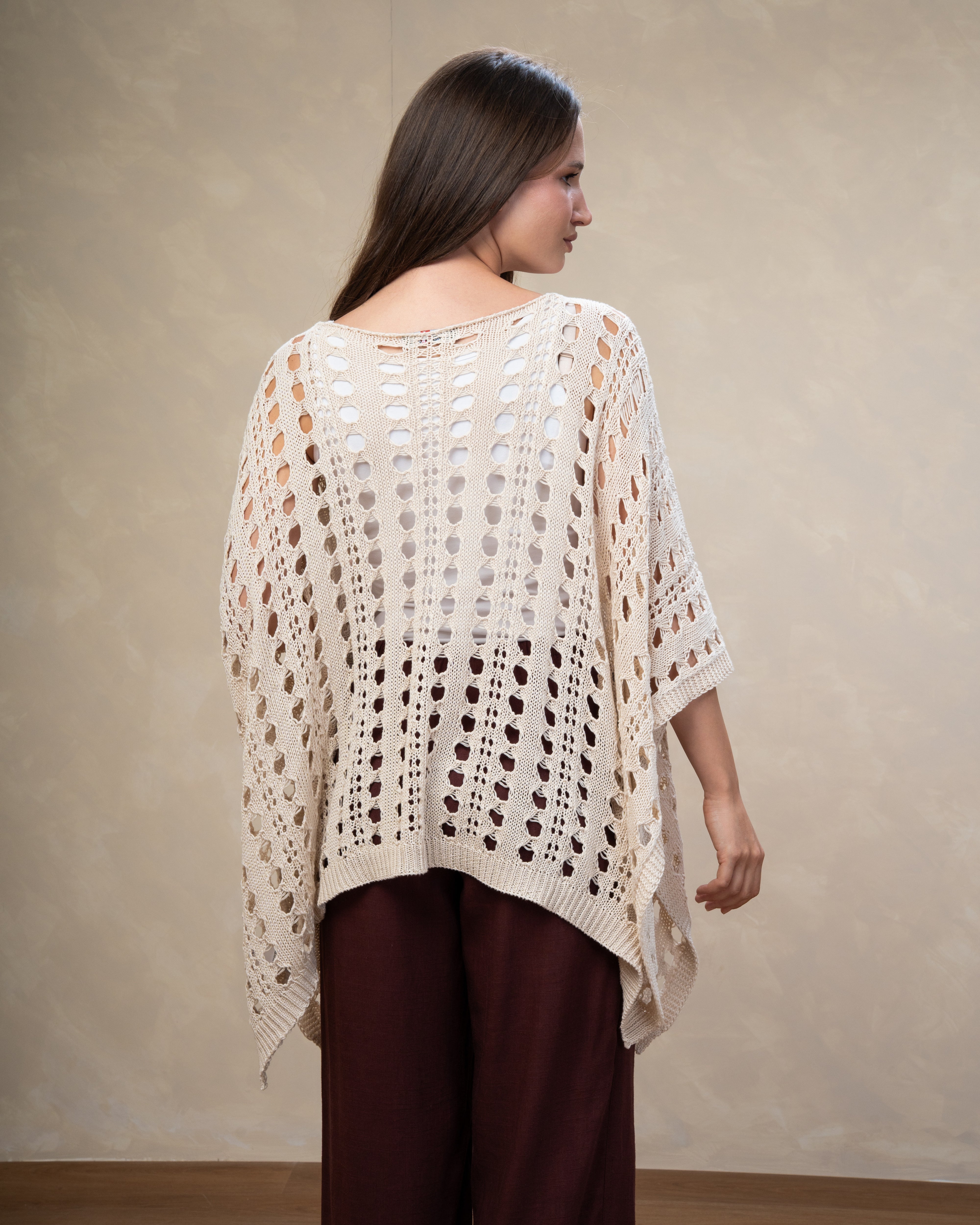 Open Knitwear Cardigan With Square Pattern And Tie