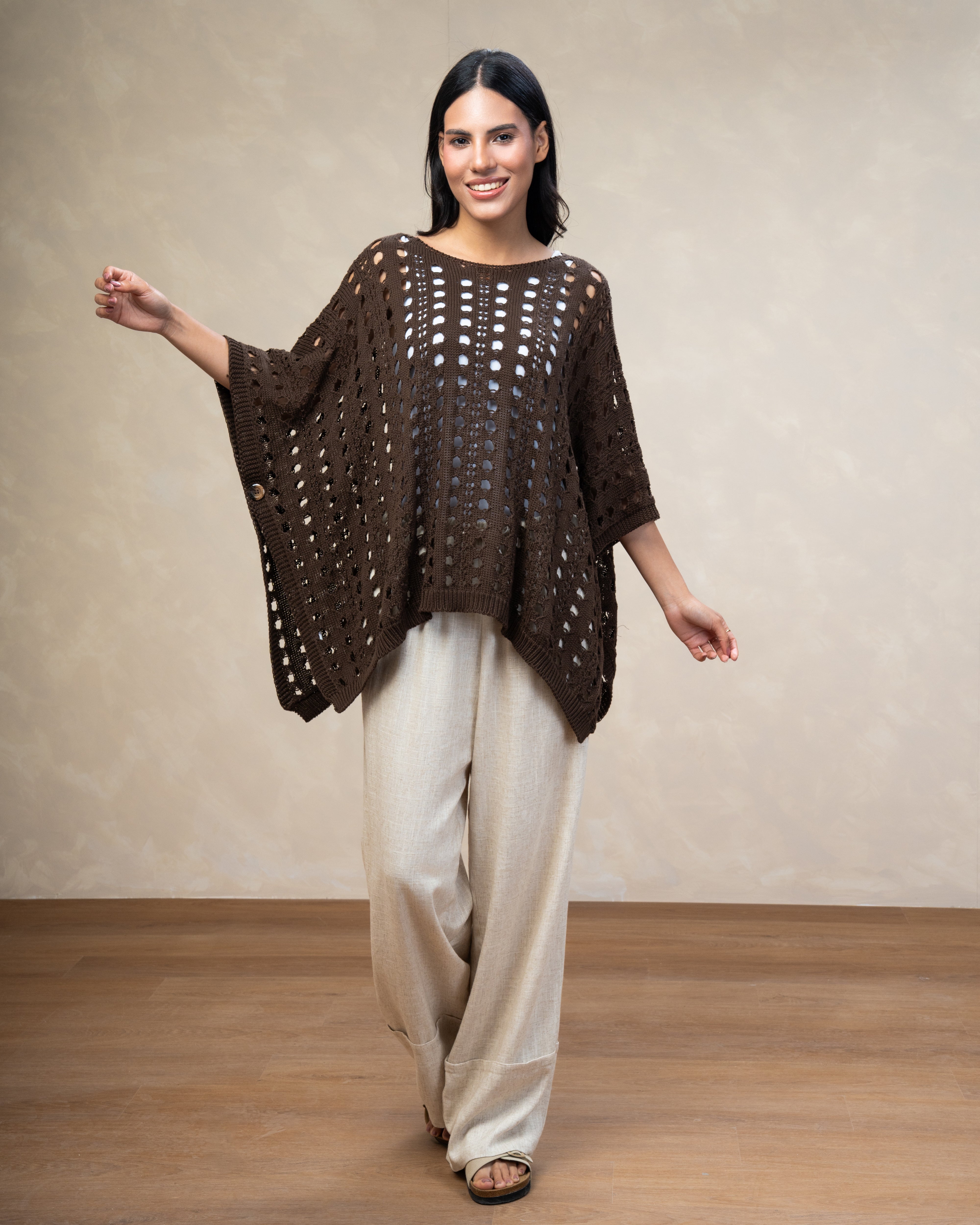 Open Knitwear Cardigan With Square Pattern And Tie