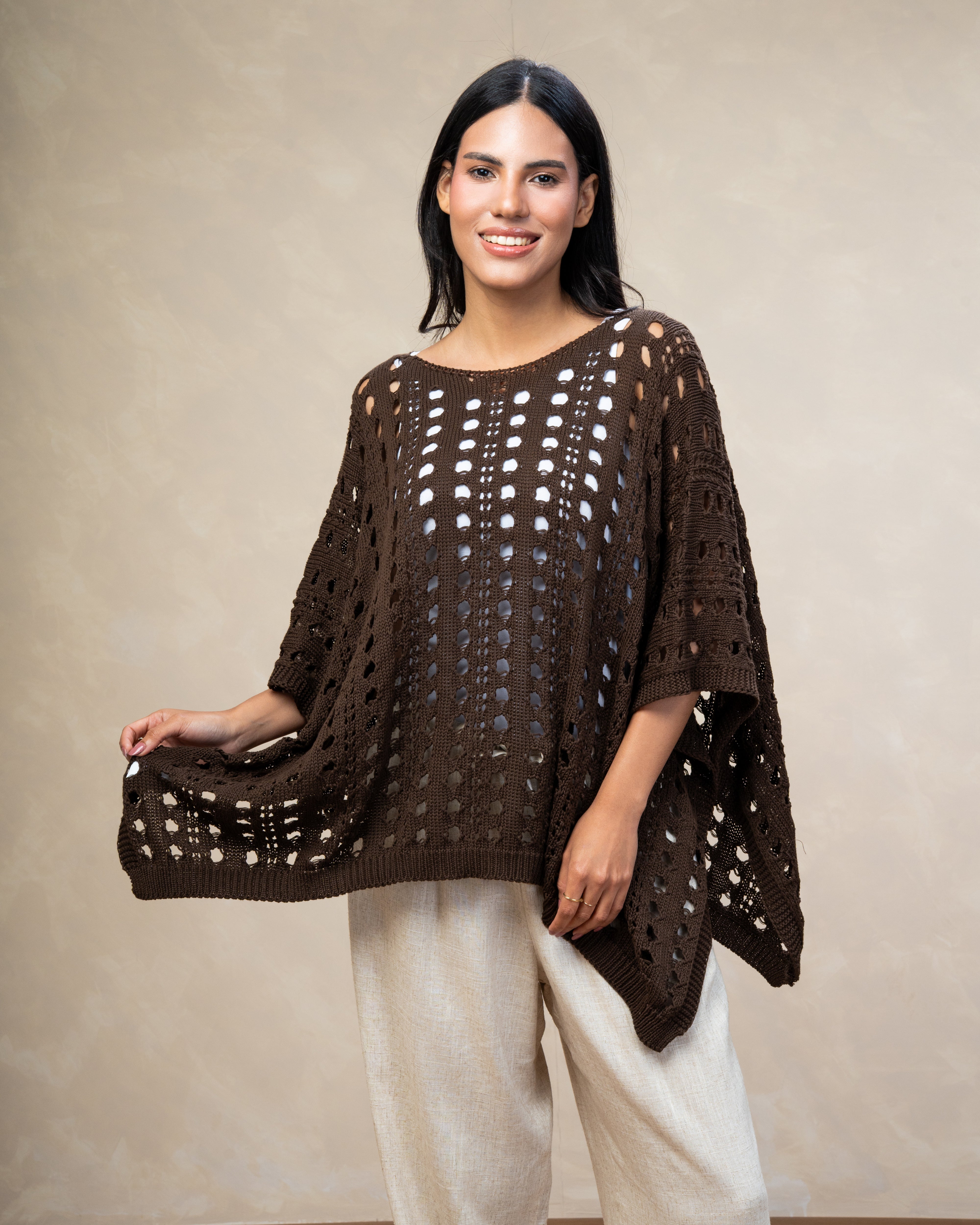 Open Knitwear Cardigan With Square Pattern And Tie
