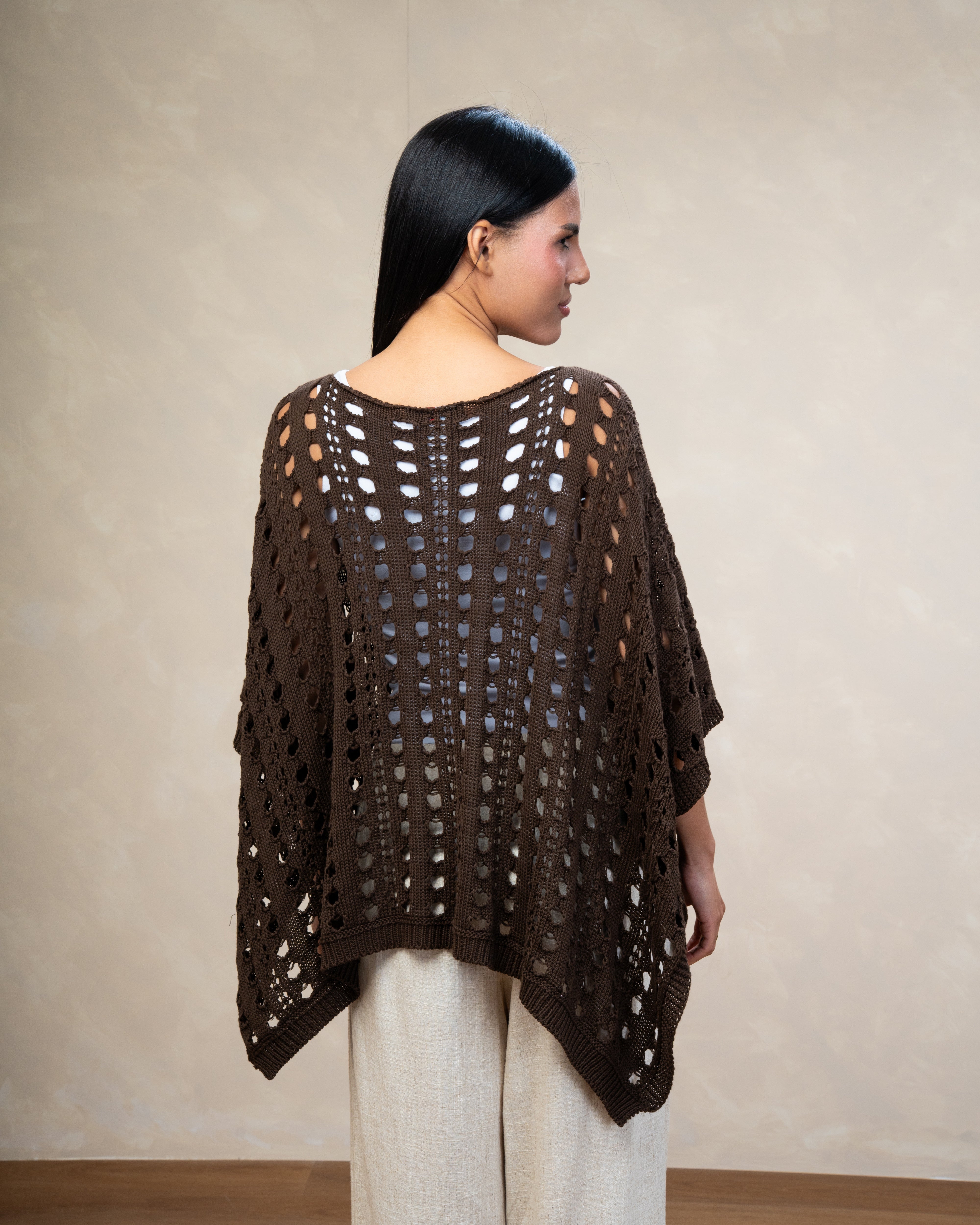 Open Knitwear Cardigan With Square Pattern And Tie