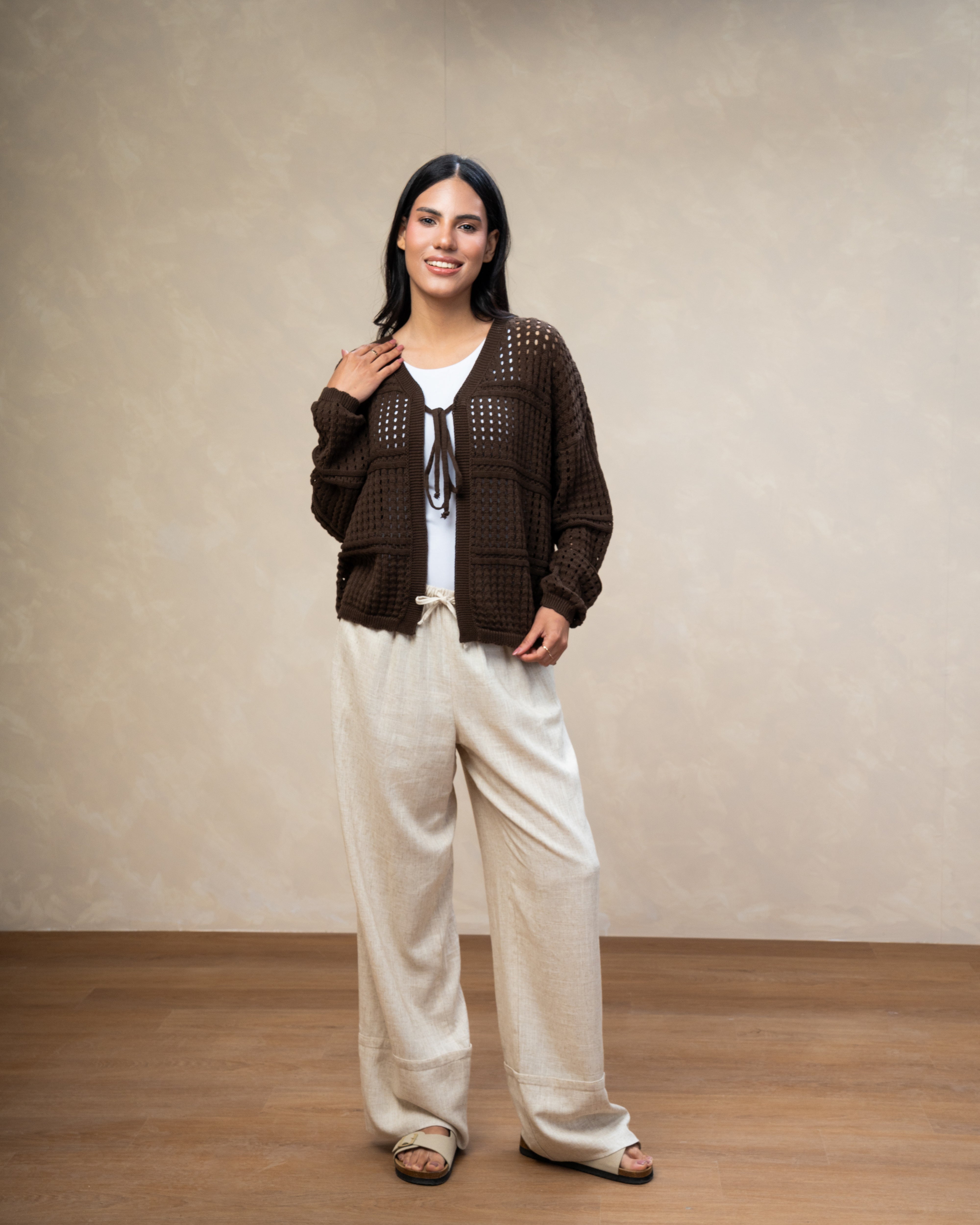 Open Knitwear Cardigan - With Square Pattern And Tie