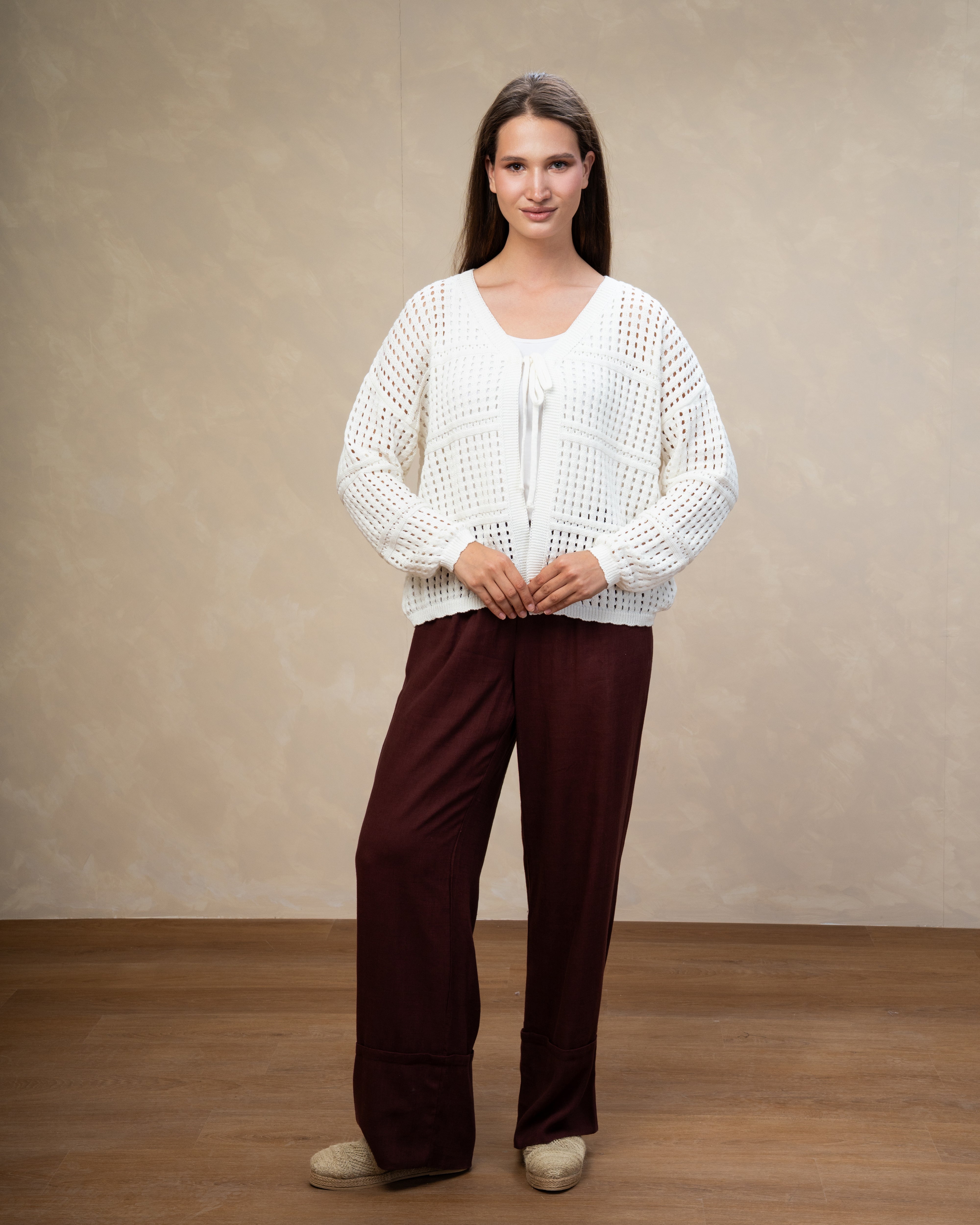 Open Knitwear Cardigan - With Square Pattern And Tie