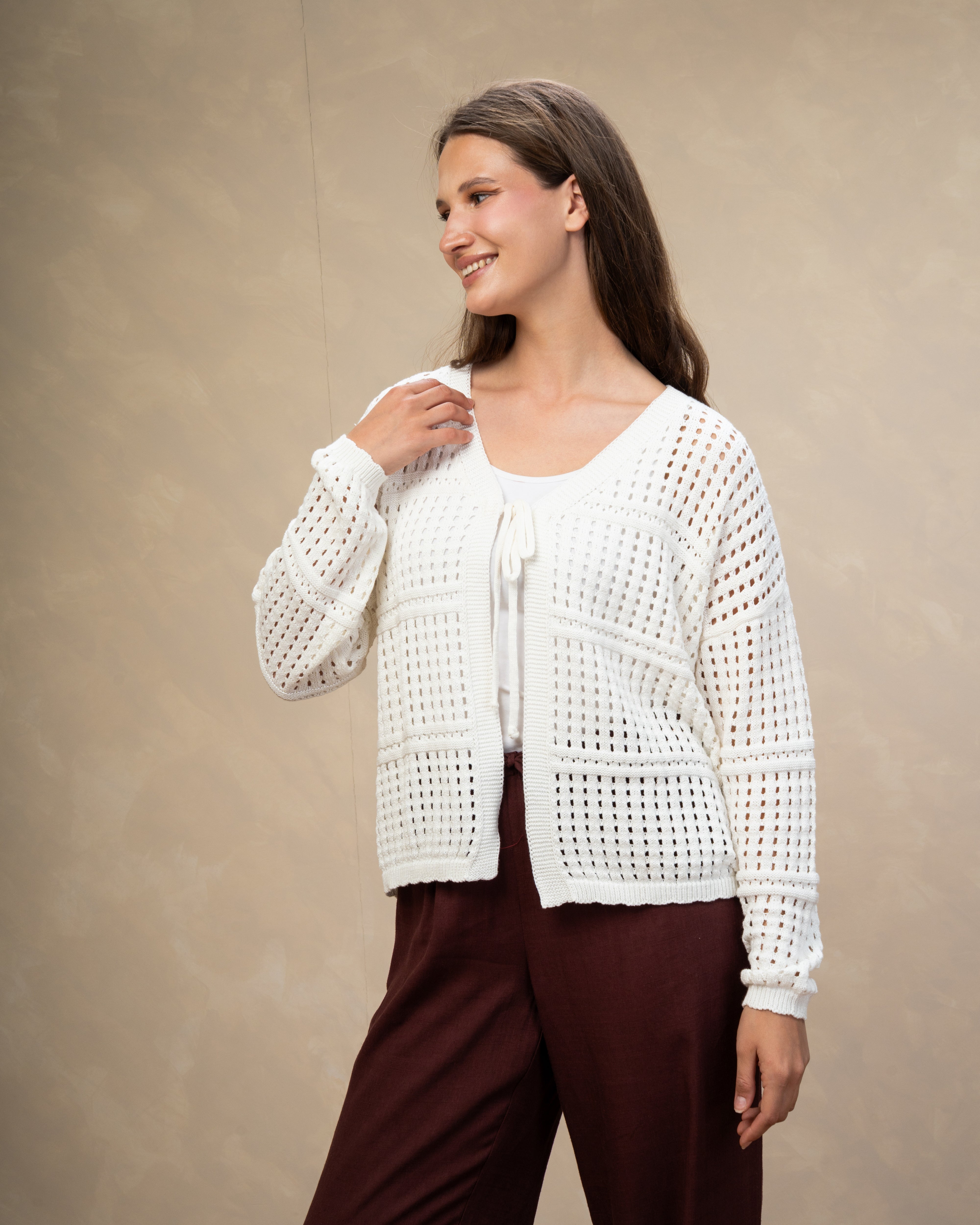 Open Knitwear Cardigan - With Square Pattern And Tie