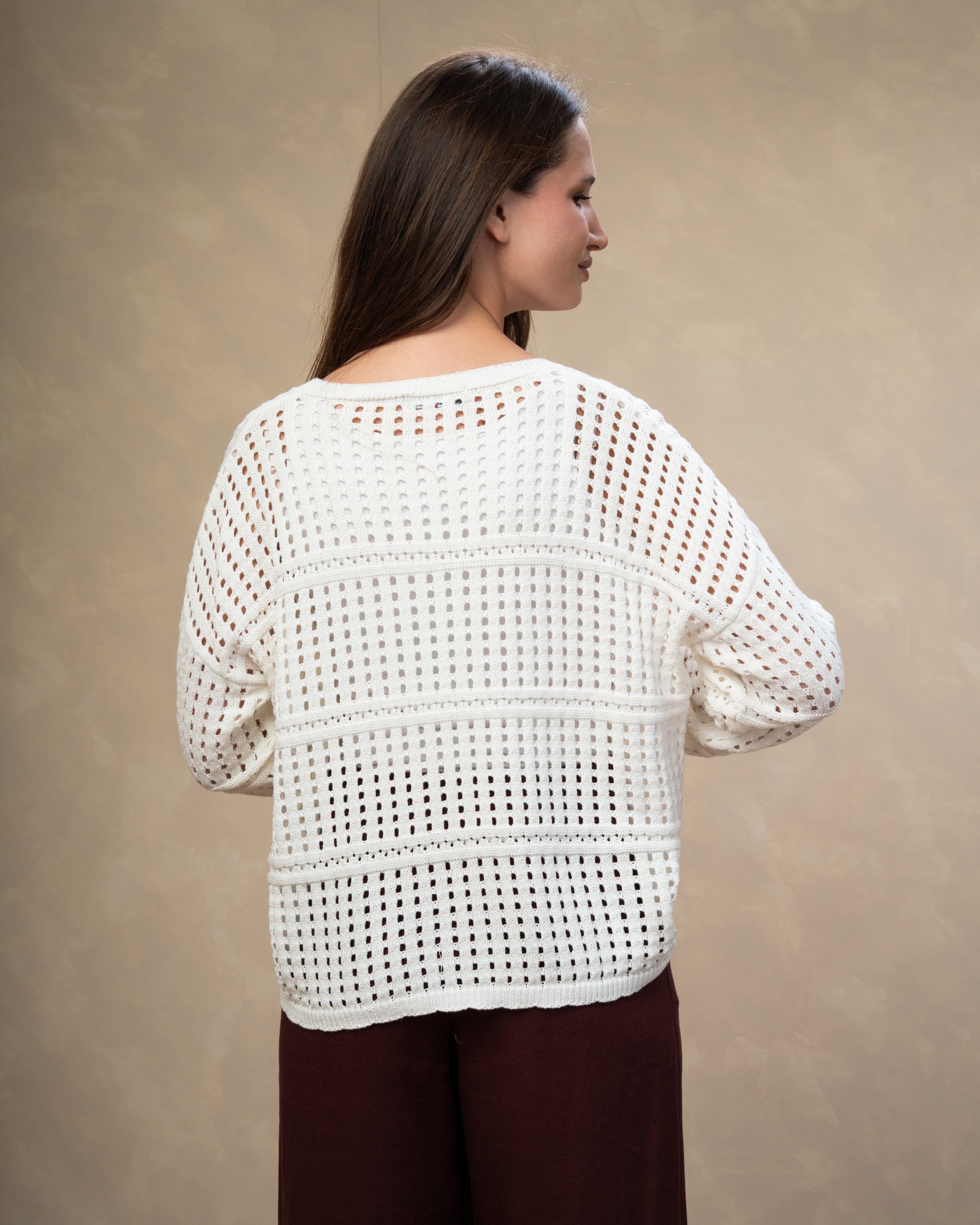 Open Knitwear Cardigan - With Square Pattern And Tie