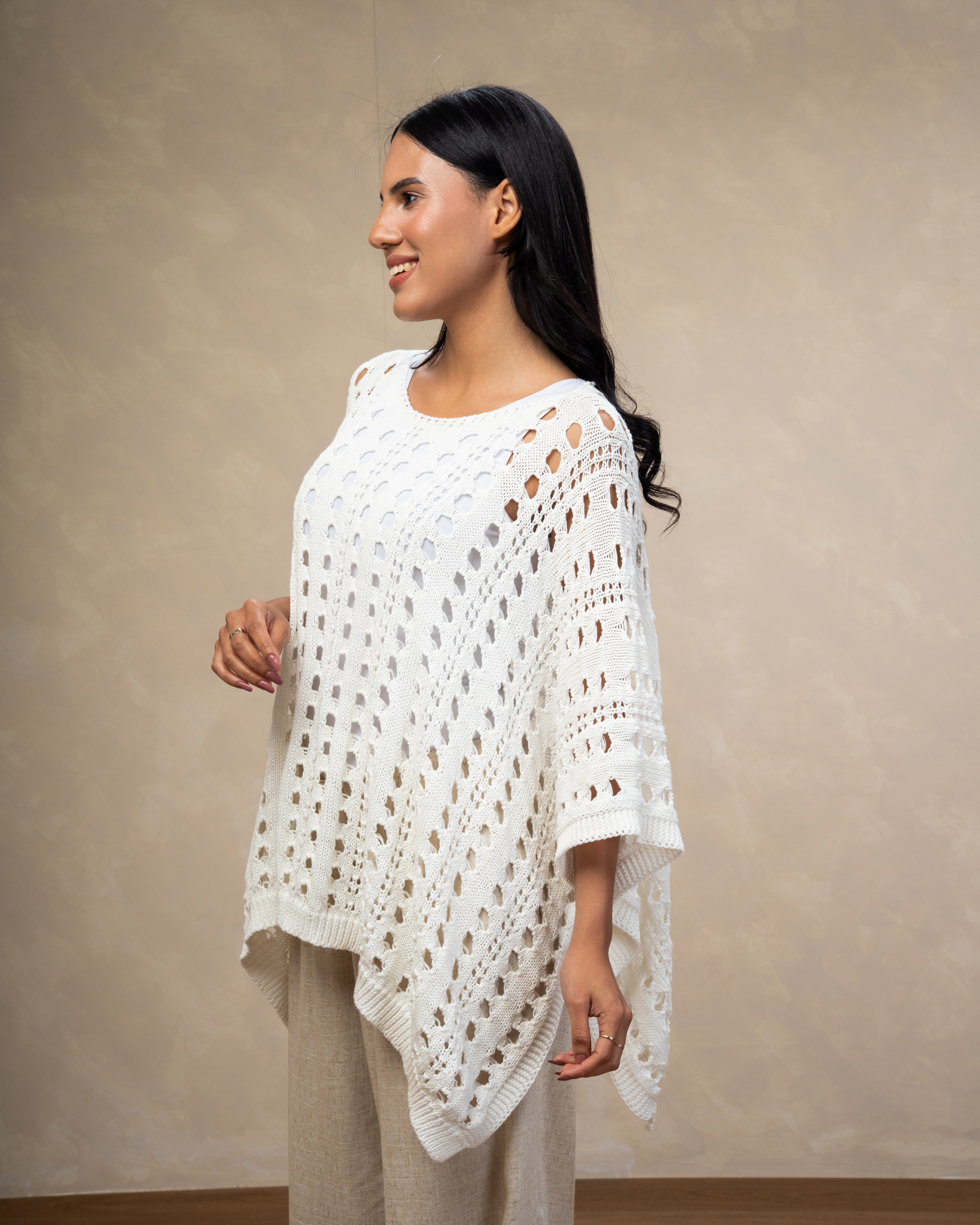 Open Knitwear Cardigan With Square Pattern And Tie